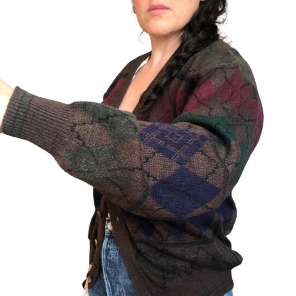 Italian Brown Argyle Wool Blend V-Neck Cardigan Grandpa Menswear Sweater - Picture 2 of 16